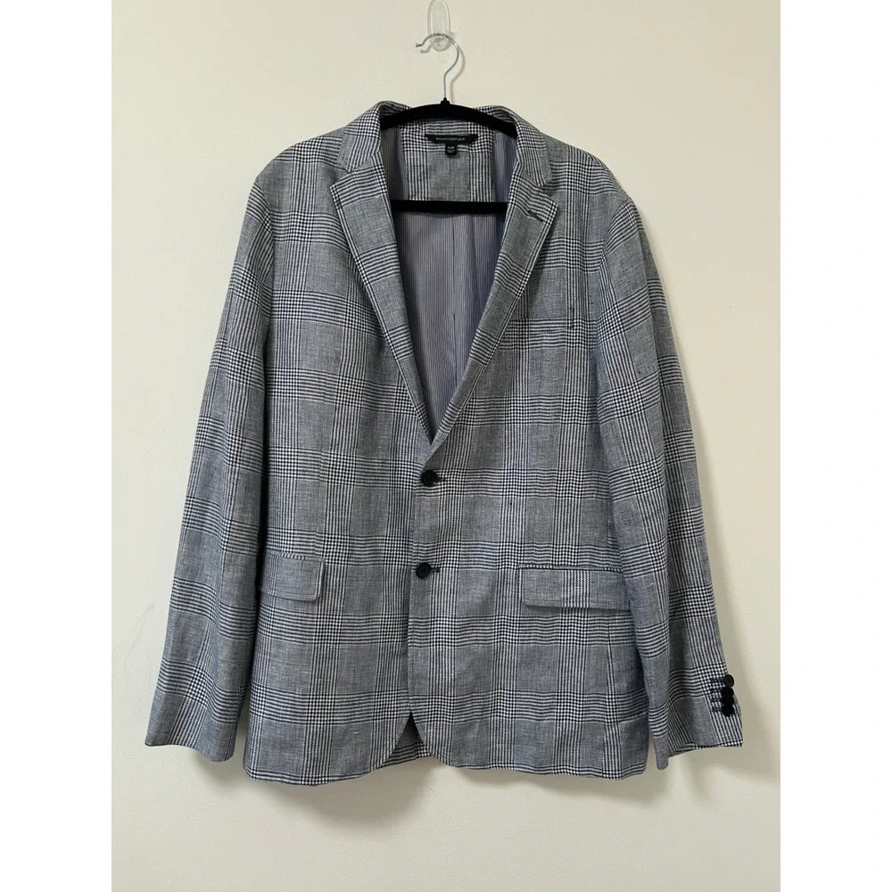 Banana Republic Mens 44R Blue Plaid Linen Blend Sport Coat Blazer Jacket‎